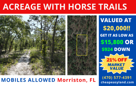SOLD!! 1.25 Acre Lot in Morriston, FL. Mobile Homes and Campers/RV friendly! Very private with horse trails!