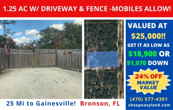 SOLD!! 1.25 AC with Driveway and Fence! Near Gainesville/Ocala/Mobiles Allowed/High and Dry! 