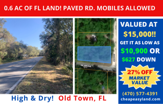 PENDING!! 0.6 AC Corner Lot In Old Town, FL! Paved Road, Mobile Homes Allowed! Financing Guaranteed! 